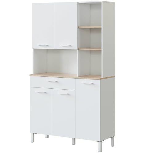 Habitdesign Mueble Auxiliar Cocina 5 Puertas + 1 Cajón, Modelo Kira, Acabado Blanco Artik y Roble Canadian, Medidas: 186 cm (Alto) x 108 cm (Ancho) x 40 cm (Fondo)