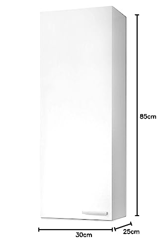 ARKITMOBEL Mueble Auxiliar de Baño Elora 1 Puerta 2 Estantes Diseño Moderno Melamina Color Blanco Brillo 30x85x25 cm