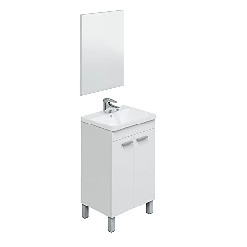 Abitti Mueble Lavabo de baño-Aseo pequeño con Espejo Incluido y lavamanos cerámico, 2 Puertas Color Blanco Brillo 50 Ancho x 80 Alto x 40 Profundidad