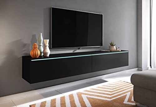 PIASKI Mueble de TV Lowboard D 180 cm, Mueble de televisión, Mueble de TV Flotante, Color Negro Mate, iluminación LED Opcional (Sin iluminación LED)