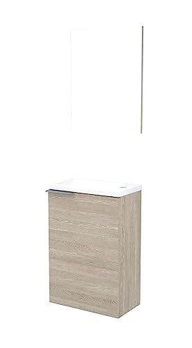 Mueble de Baño con Espejo y Lavabo, Modulo Suspendido, Modelo Compact, Acabado en Roble Alaska, Medidas: 40 cm (Ancho) x 58 cm (Alto) x 22 cm (Fondo)