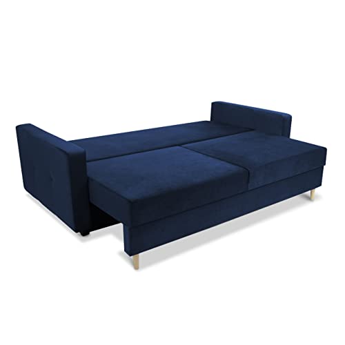 Sofa cama 215x70 cm (superficie para dormir 190x150 cm) azul marino - con almacenamiento de ropa de cama, 2 cojines, terciopelo - sofa 3 plazas, cama plegable, sofas salon, decoracion hogar