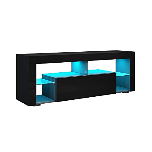 SONNI Mueble TV con Luz LED Regulables de 12 Colores,Mueble de Salón Negro con Estante de Cristal 140x35x50.5cm