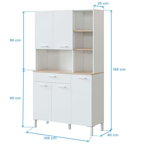 Habitdesign Mueble Auxiliar Cocina 5 Puertas + 1 Cajón, Modelo Kira, Acabado Blanco Artik y Roble Canadian, Medidas: 186 cm (Alto) x 108 cm (Ancho) x 40 cm (Fondo)