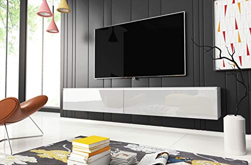 Mueble de TV LOWBOARD D 180 cm, Soporte de televisor, Mueble de TV Colgante, Blanco, hormigón (con iluminación LED)