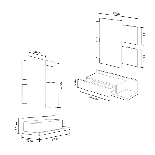 Habitdesign Recibidor con cajón y Espejo, Mueble de Entrada, Modelo Tekkan, Acabado en Blanco Artik y Gris Cemento, Medidas: 75 cm (Ancho) x 116 cm (Alto) x 29 cm (Fondo)