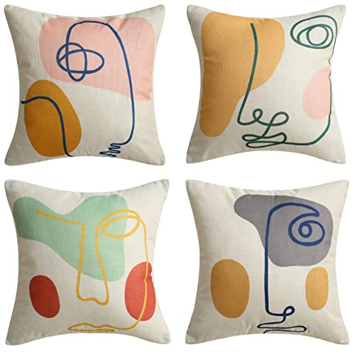 Fundas de Cojín Modernas Arte Abstracto Minimalista Mujer Cara Algodón Lino Pintura Fundas de Almohada 45 x 45 cm para el Hogar Habitación Cama Sofá Rojo Rosa Verde Marrón Amarillo Gris juego de 4