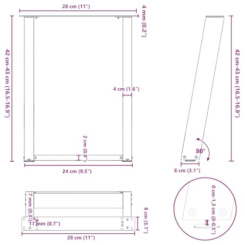 vidaXL Patas para mesa de centro en forma de U (2 unidades), color negro, 28 x (42-43) cm, acero