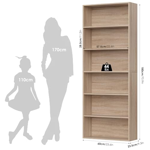 FirFurd 180cm Estantería Almacenaje Madera, Librería con 6 Baldas, Libreria Estanteria, Estantería Libros, Mueble Estantería para Salón, (Roble Claro)