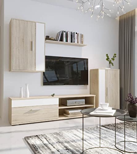 Home Heavenly® - Mueble salón Modular Bosco de 230 cm. Conjunto Completo Mueble TV + 2 vitrinas + Estante (Roble-Blanco)