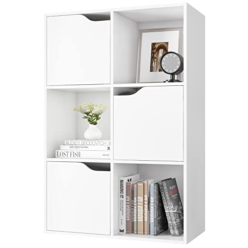 FirFurd Librería Blanca, Estantería Madera, Mueble Almacenaje para Libros, con 6 Cubos y 3 Puertas, para Oficina, Estudio, Salón, Moderno, 60x29x90cm