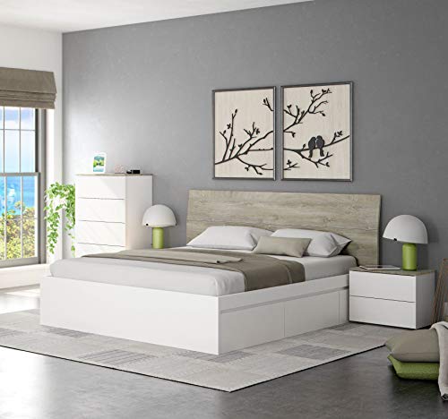 Pack Dormitorio de Matrimonio Completo Estilo Moderno en Color Blanco y Roble Cama 150 cm (Cama+cabecero+mesitas+cómoda)