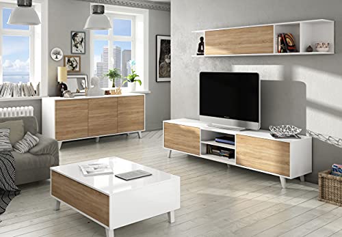 Pack de Muebles para Salón Completo en Color Blanco y Roble (Mueble de salón + aparador + Mesa de Centro elevable)