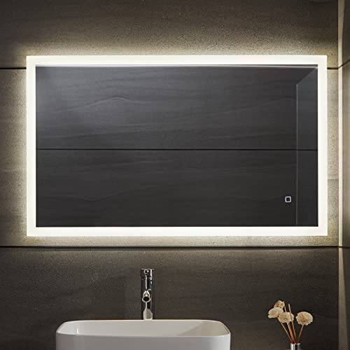 Aquamarin® Espejo de Baño LED - CEE: A++, Táctil, de Pared, 3 en 1 Luz Blanca Fría/Cálida/Neutra, Función de Memoria, Antivaho, Tamaño a Elegir - Espejo con Iluminación, con Luz (80 x 60 cm)