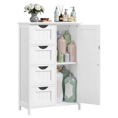 VASAGLE Gabinete de Baño, Gabinete de Almacenamiento con 4 Cajones y 1 Armario de Taquilla, Puerta Simple, Estante Ajustable, para Sala de Estar, Cocina, Entrada, Blanco LHC41W