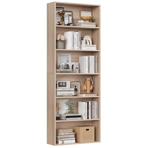 FirFurd 180cm Estantería Almacenaje Madera, Librería con 6 Baldas, Libreria Estanteria, Estantería Libros, Mueble Estantería para Salón, (Roble Claro)