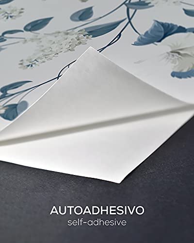 Vinilo Adhesivo para Muebles y Pared, 40 x 500 cm, Flores Refinadas, Color Azul y Blanco, Fondo Blanco, VNL-129