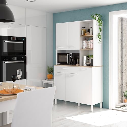 Habitdesign Mueble Auxiliar Cocina 5 Puertas + 1 Cajón, Modelo Kira, Acabado Blanco Artik y Roble Canadian, Medidas: 186 cm (Alto) x 108 cm (Ancho) x 40 cm (Fondo)