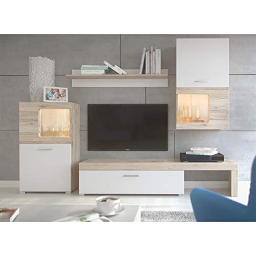 Homely - Mueble de salón Modular SAONA, Color Roble Natural y Blanco, Medidas Conjunto 215x180x39 cm
