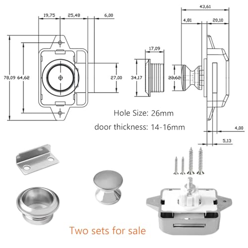 Vueinrg 2 Piezas Cerradura para Puerta Boton Armario Camper Boton Cajon Cierre Armario Pulsador para Autocaravana, Camper, Barco, Cajones, Puertas de Gabinetes (Chromé)