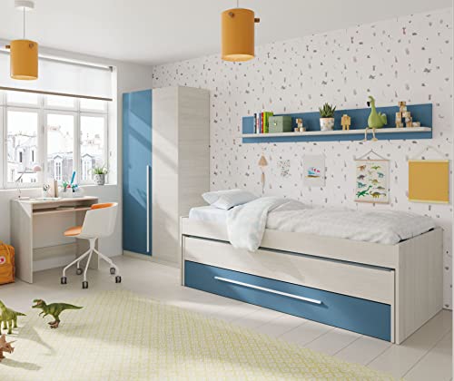 Miroytengo Pack habitacion Juvenil Azul y Blanco Alpes Completo Infantil (Cama Nido+Estante+Armario+Escritorio) con SOMIERES