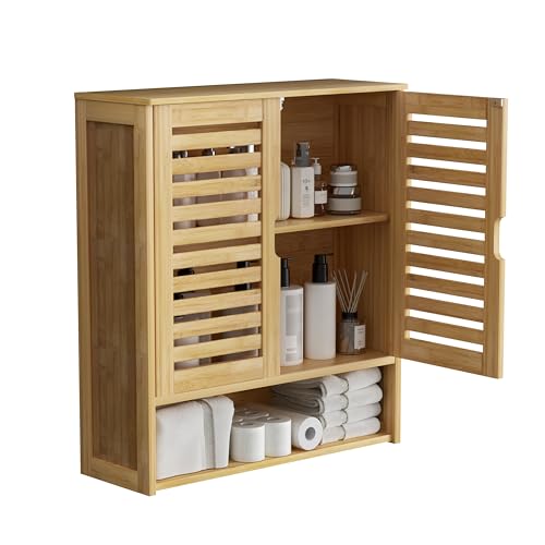 unho Armario Baño Pared de Bambú: Armario Baño Colgar Madera Organizador de Almacenamiento para Cocina con Puertas con Cierre Magnético
