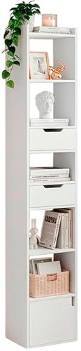 Marctani Libreria Estanteria Blanca con 6 Niveles y 3 Cajones - Estanteria Libros de Madera - Libreria Estrecha y Alta con Almacenaje para Dormitorio, Salon, Baño. Book Shelf 33 x 24 x 181 cm