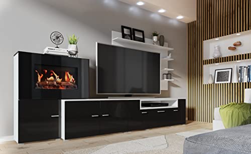 Skraut Home | Mueble para Salón con Chimenea Eléctrica | 170 x 290 x 45 cm | Sistema de Iluminación LED Efecto Llamas | Modelo New Olympo | Estilo Moderno | Acabado Blanco/Negro