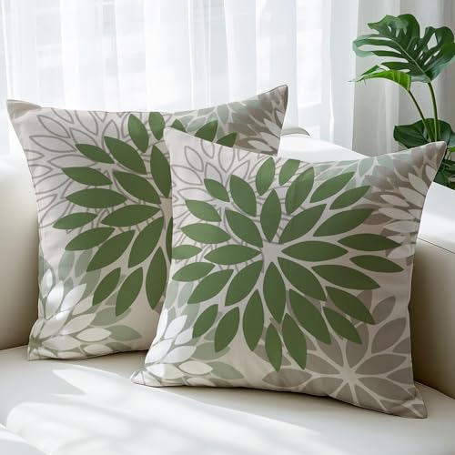 JANGYUHH Juego de 2 Fundas de Cojín de 45x45 cm Diseño Floral Moderno de Doble Cara Verde Gris para Sofá Dalias para Exterior de Lino Decorativas para Sofá Jardín Sala De Estar Cama