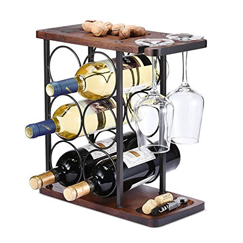 Estante de vino con soporte de vidrio, estante de vino para encimera, soporte de madera para vino con bandeja, para decoración del hogar y cocina, estante de almacenamiento etc. (6 botellas y 2 vasos)