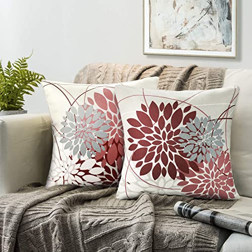 Fundas De Cojines Rojo Y Gris Lino Fundas Cojines 45x45 Moderno Dalia Decorativo Funda Cojin Resumen Geometrico Flor Patrón Funda Cojines Por Sala De Estar Sofá Cojines Decoración, Juego De 2