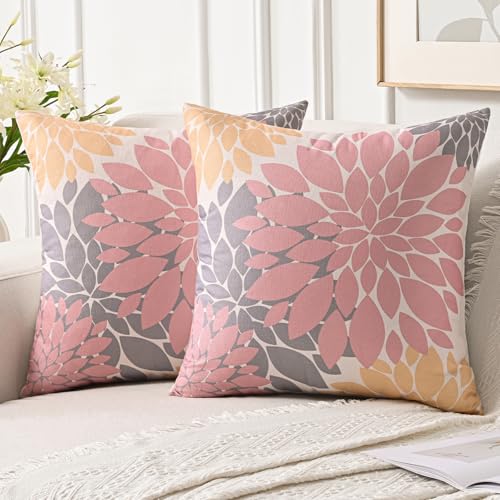 Jayusaror Fundas Cojines 45x45 cm Rosa Modernos Decorativo Lino Dahlia Funda de Almohada Cojines de Sofá Verano Otoño Fundas de Cojín para Banco Sala de Estar Dormitorio, 2 Piezas