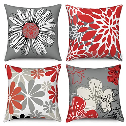 Hnmdmyi Funda de Cojín Rojo 45x45 Juego de 4, Rojo y Gris Floral Fundas de Cojín Decorativo Moderno Daisy Farmhouse Boho Funda de Cojín de Lino para Sofá Cama Jardín Exterior Home Decor