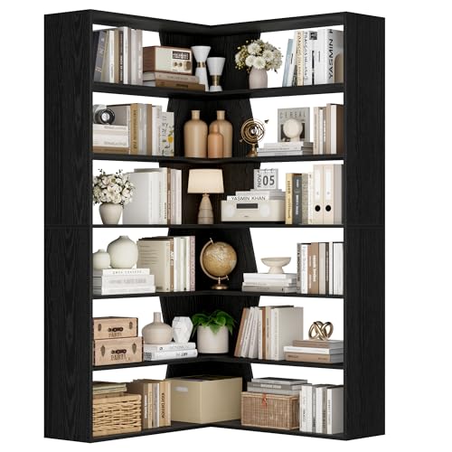 FirFurd 190.5cm Estantería Esquina 6 Niveles, Estantería Libros, Librería Salón, Estanterías Almacenaje Madera, Libreria Estanteria, con 12 Compartimentos, para Salón, Oficina, Estudio (Negro)