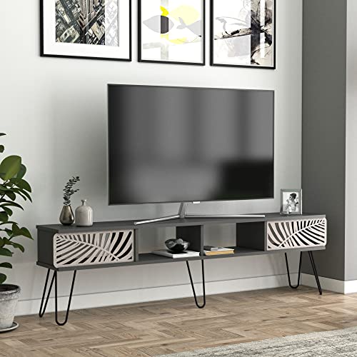 [en.casa] Mesa de TV Puertas en Forma de Hojas Palma Mueble de Salón con Compartimientos Aglomerado/Metal 180 x 30 x 49 cm - Antracita y Negro