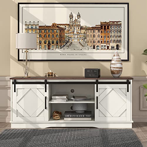 Merax Armario de cocina con 2 puertas correderas y estante ajustable, estilo rústico, para salón, comedor, color blanco y marrón
