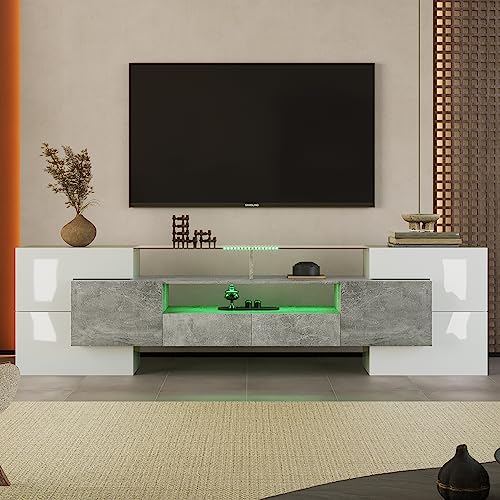 KecDuey Mueble para TV de 200 cm, elegante mueble de TV, armario bajo de alto brillo con iluminación LED, muebles de salón. Diseño moderno. Elegante superficie de cristal. (gris, 200 cm) (WF3048489)