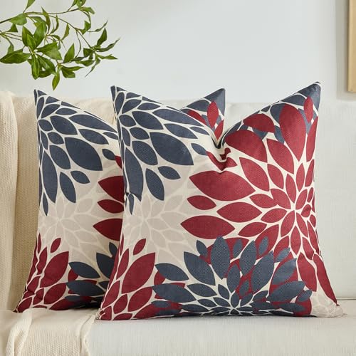 Fundas Cojines 45x45 de Lino Rojo y Gris Decorativa con Flores Dahlia Estilo Bohemio Funda de Almohada para Otoño Primavera y Verano Jardín Sala de Estar 2 Piezas