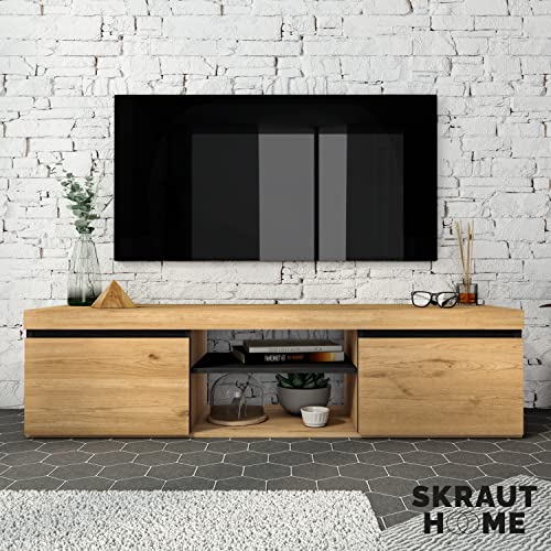 Skraut Home | Mueble TV | Modelo Naturale | 140 x 40 x 41 cm | Mueble Auxiliar 2 Puertas y 1 Balda Central | Estilo Nórdico | Melamina | Roble y Negro