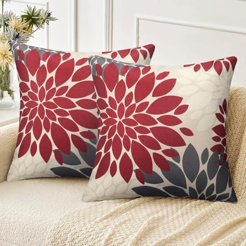 Velvhom Funda de Almohada 45x45cm Rojo y Gris Flores de Dalia Fundas Cojines Modernas Decorativas para Sofá Silla Cama Sala de Estar Dormitorio Salón Hogar Habitación 2 Piezas