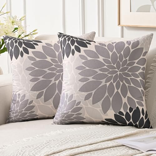 Jayusaror Fundas Cojines 45x45 cm Gris Modernos Decorativo Lino Dahlia Funda de Almohada Cojines de Sofá Verano Otoño Fundas de Cojín para Banco Sala de Estar Dormitorio, 2 Piezas