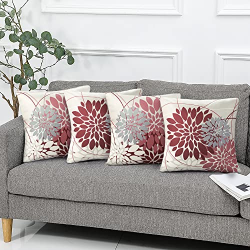 Fundas De Cojines Rojo Y Gris Lino Fundas Cojines 45x45 Moderno Dalia Decorativo Funda Cojin Resumen Geometrico Flor Patrón Funda Cojines Por Sala De Estar Sofá Cojines Decoración, Juego De 2