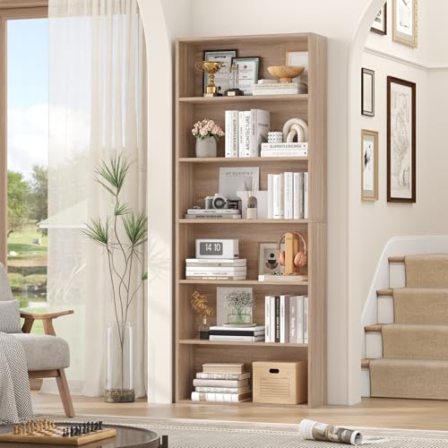 FirFurd 180cm Estantería Almacenaje Madera, Librería con 6 Baldas, Libreria Estanteria, Estantería Libros, Mueble Estantería para Salón, (Roble Claro)