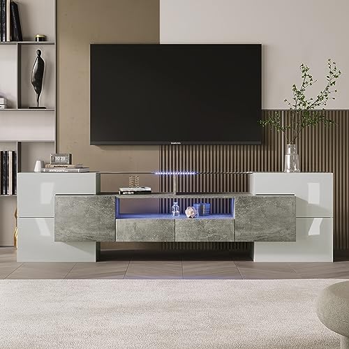 KecDuey Mueble para TV de 200 cm, elegante mueble de TV, armario bajo de alto brillo con iluminación LED, muebles de salón. Diseño moderno. Elegante superficie de cristal. (gris, 200 cm) (WF3048489)